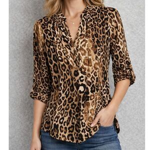 New Directions Leopard Print Blouse Petite PM Roll Tab Sleeve Top